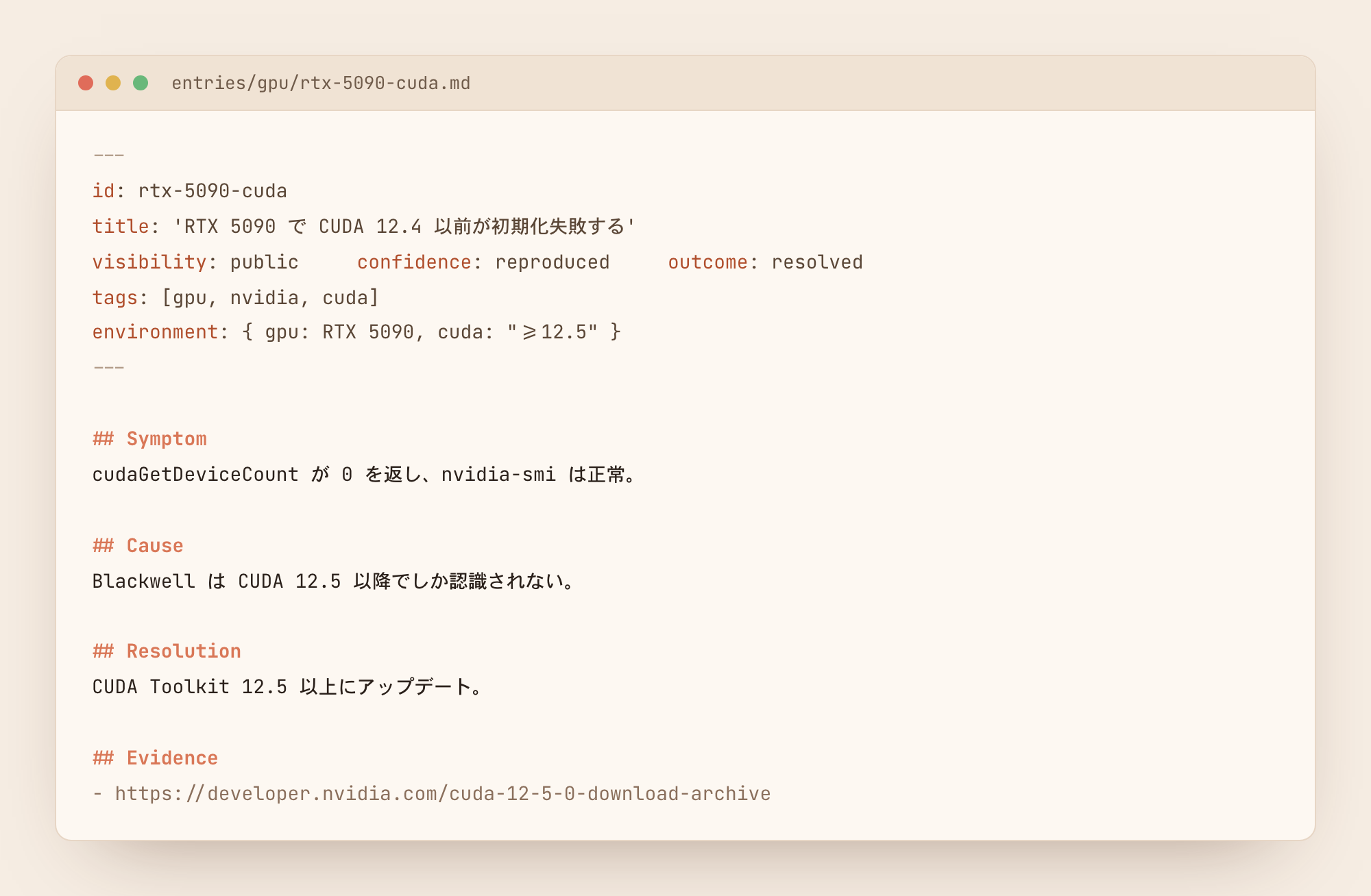 罠の実体はただのmarkdown。visibility・confidence・tags のfrontmatterに Symptom / Cause / Resolution が続く