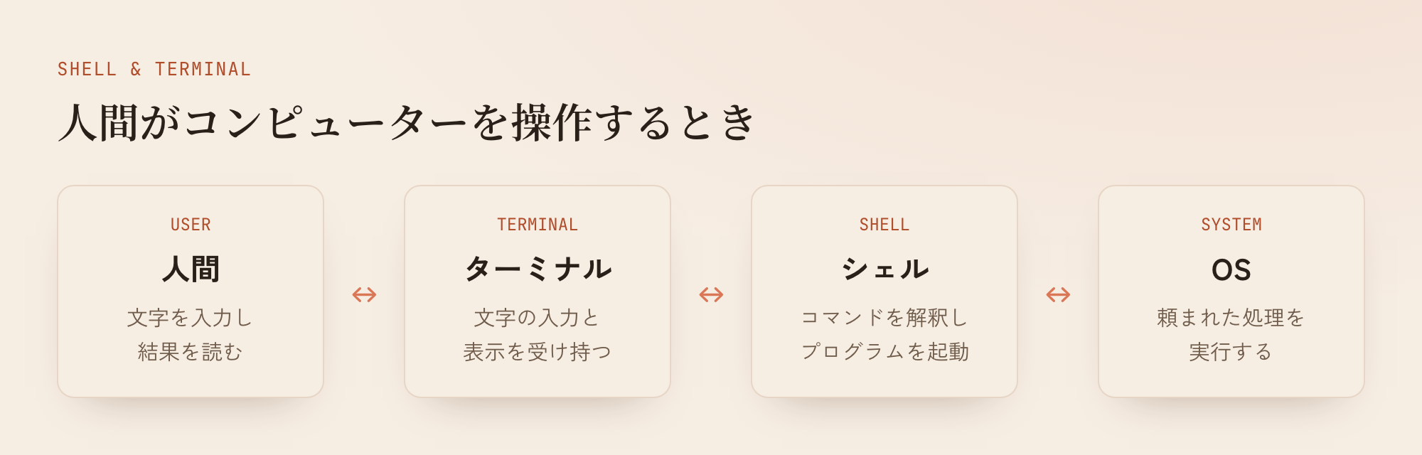 ターミナルは文字の入出力を受け持ち、シェルがコマンドを解釈してOSへ処理を頼む
